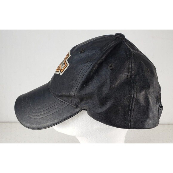VINTAGE Black Leather Harley-Davidson Motor Cycles Patch Adjustable Hat Cap - Picture 3 of 11